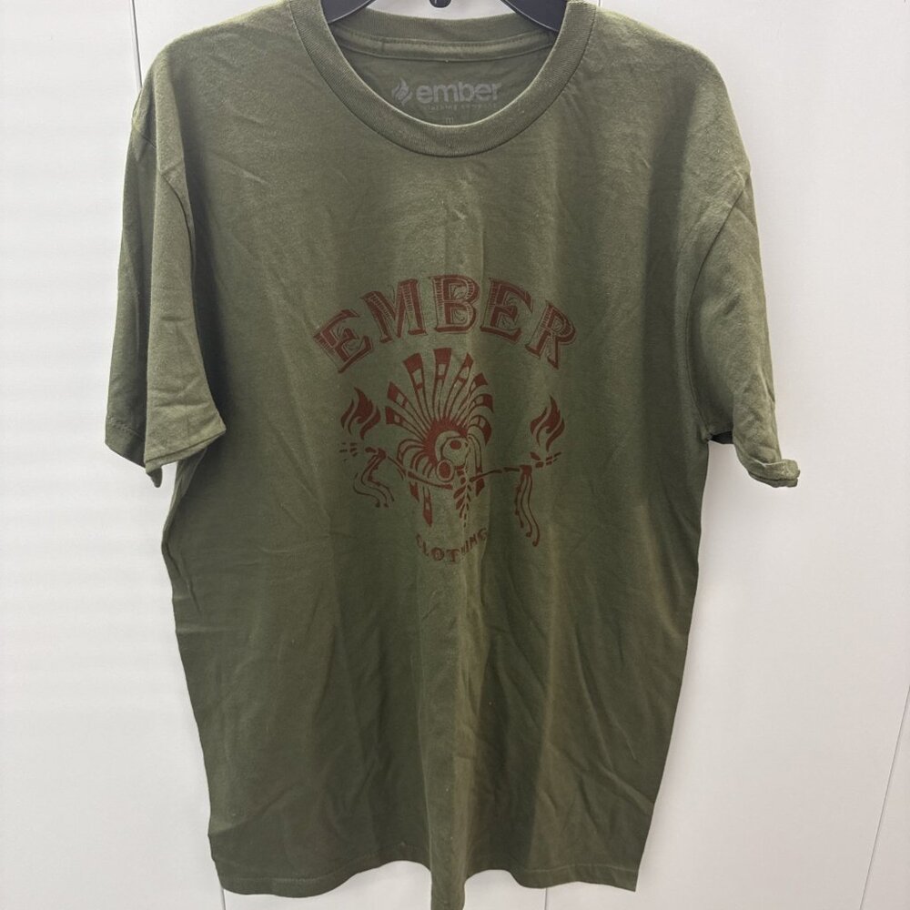 Ember Clothing Company Men's Medium T-Shirt Military Green‎ Tribal Skelton